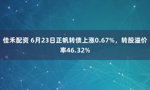 佳禾配资 6月23日正帆转债上涨0.67%,转股溢价率46.32%